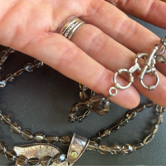 925 Sterling Silver Chunky Glass Bead Chain Mother of Pearl Fish Pendant Necklac - Picture 7 of 10